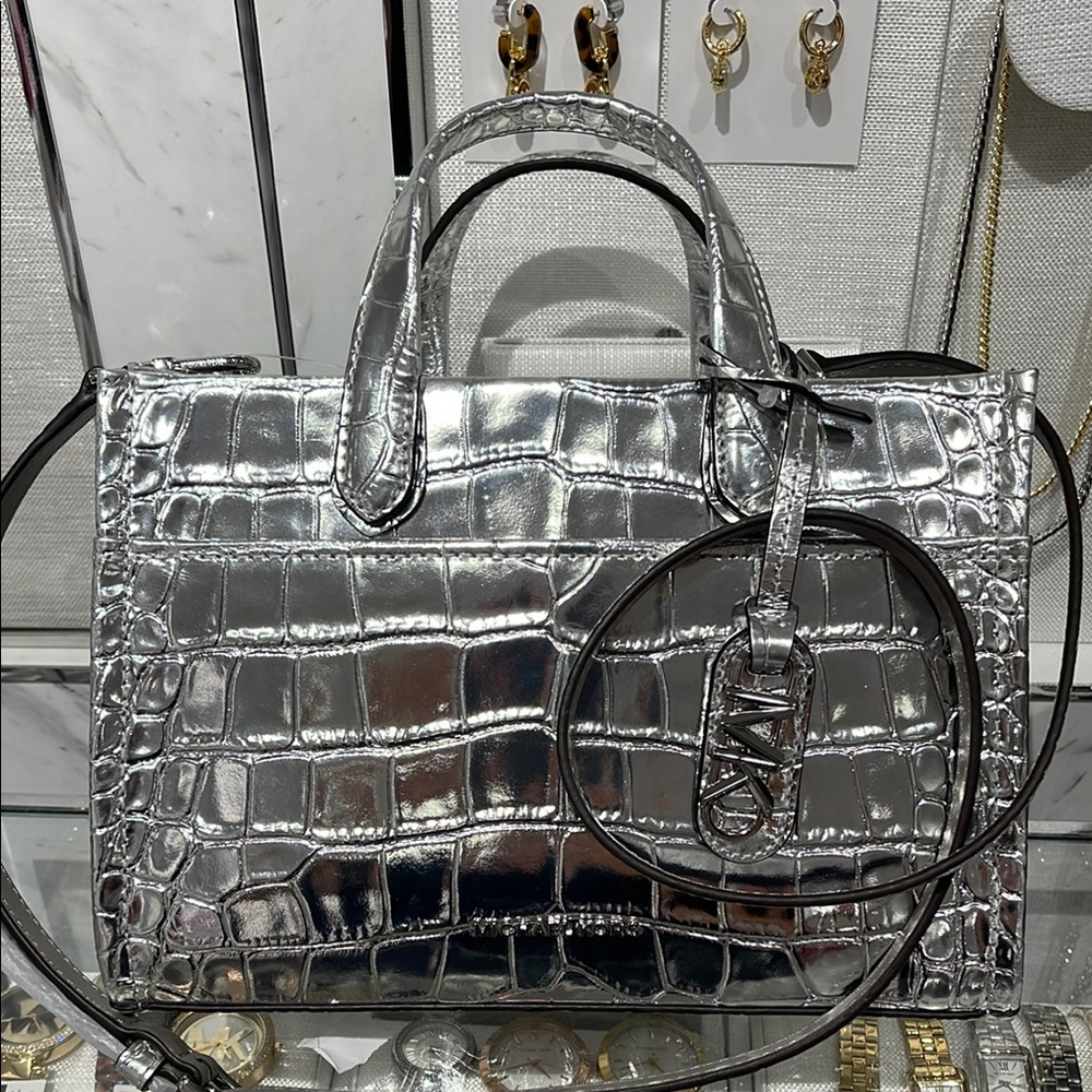 Michael Kors Gigi Small Metallic Crocodile Embossed Leather Messenger Bag
Silver